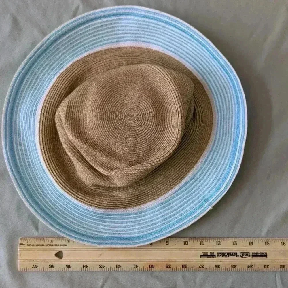 ERIC JAVITS Hampton Sun Hat Squishee Straw Packable Wide Brim Natural Gold Blue - Picture 12 of 12